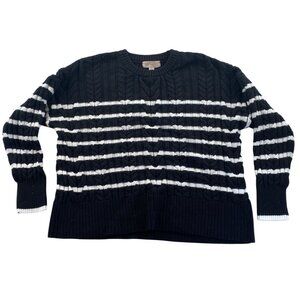 Philosophy Woman's Sweater Large Black Striped Crew Neck Pullover Cable Knit